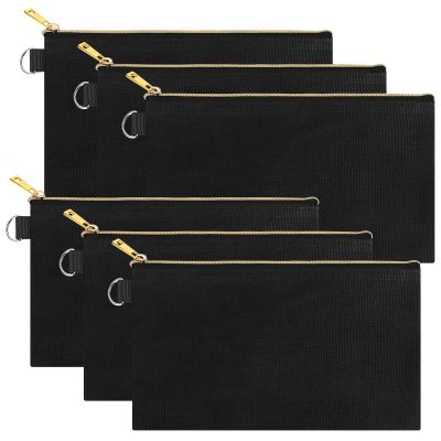 Aspire 6-Pack Canvas Makeup Bags, Blank Cotton Zipper Bags for DIY Craft, 7-3/4 x 4-1/2 Inch (Black Bag Gold Zipper)