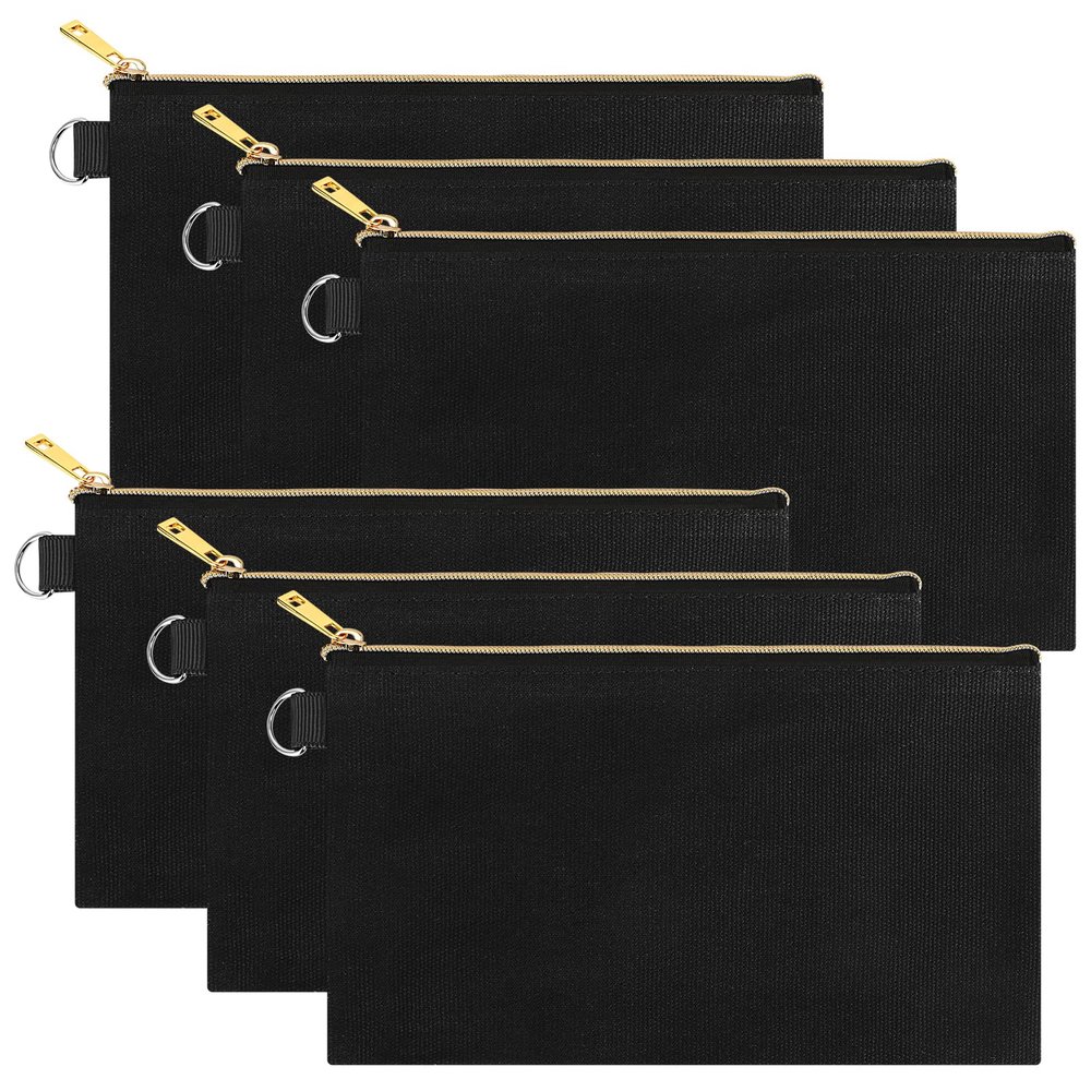 Aspire 6-Pack Canvas Makeup Bags, Blank Cotton Zipper Bags for DIY Craft, 7-3/4 x 4-1/2 Inch (Black Bag Gold Zipper)