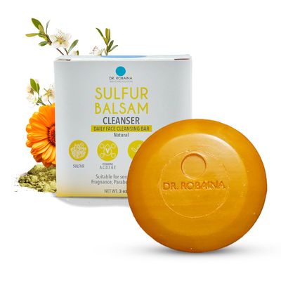 Dr. Robaina Sulfur Balsam Cleansing Bar Face & Body Soap for Oily, Acne-Prone or Itchy Skin Gently Exfoliates, Calms Redness & Removes Excess Oil Tea Tree, Calendula & Shea, 4 oz