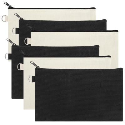 Aspire 6-Pack Canvas Makeup Bags, Blank Cotton Zipper Bags for DIY Craft, 7-3/4 x 4-1/2 Inch (Black & Natural)