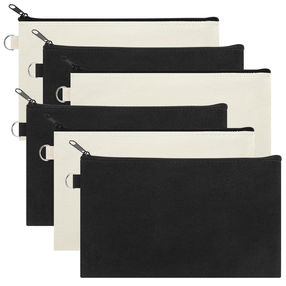 Aspire 6-Pack Canvas Makeup Bags, Blank Cotton Zipper Bags for DIY Craft, 7-3/4 x 4-1/2 Inch (Black & Natural)