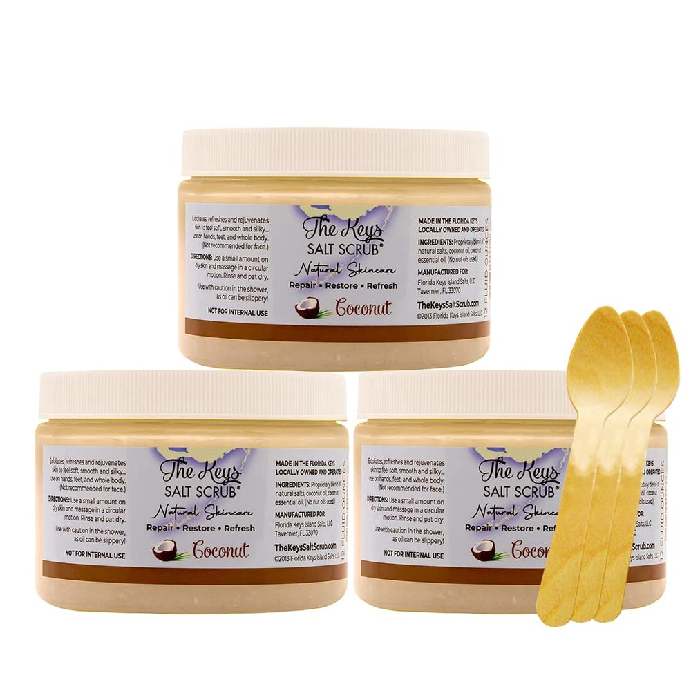 The Keys Salt Scrub -Sea Salt Scrub - Exfoliating Body Scrub with Wooden Spoon - Moisturizing Exfoliator for Hands, Foot, Bath, (12 Ounce (Pack of 3), Coconut)