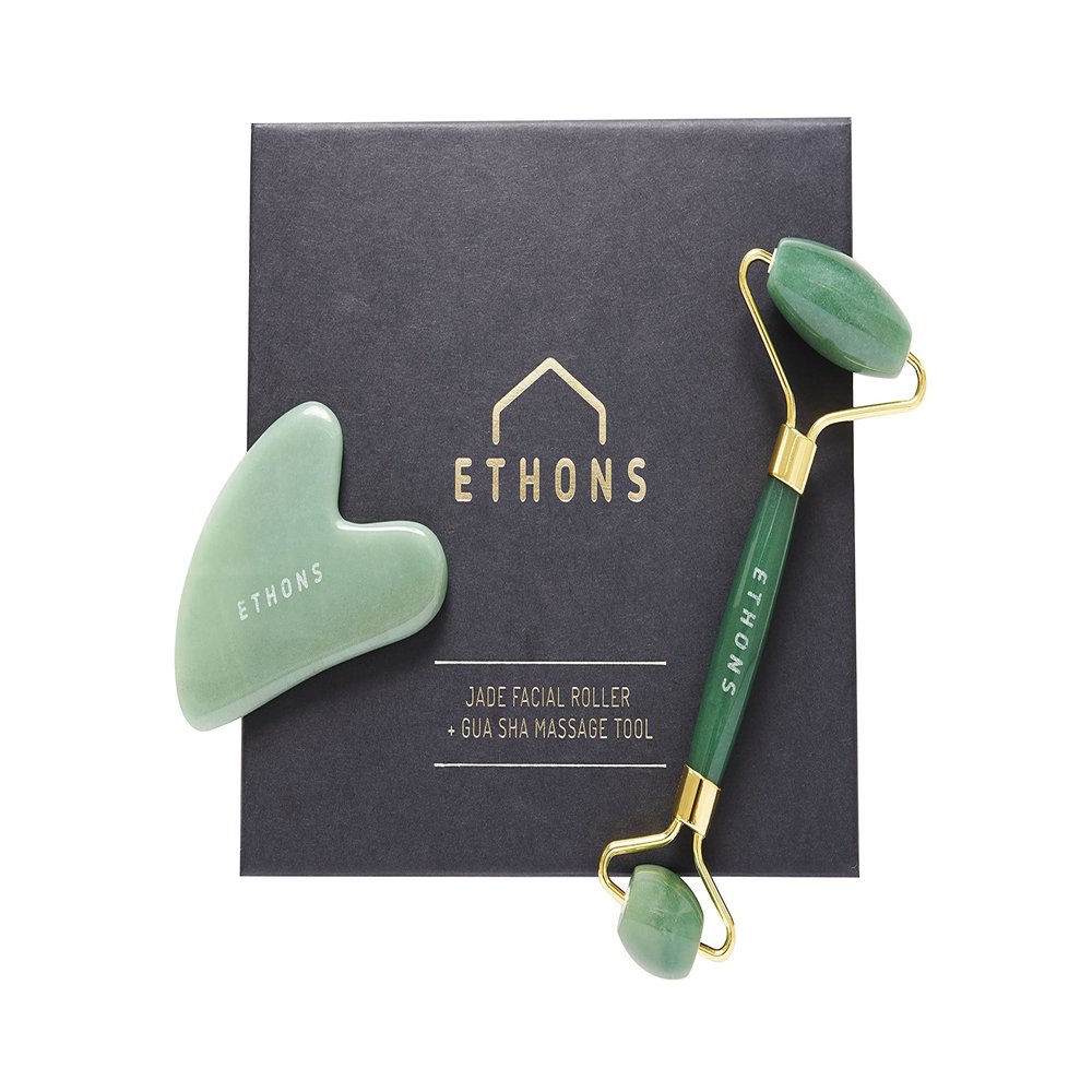 ETHONS Jade Roller & Gua Sha 2 in 1 For Face - Premium Construction Face Massager - Skin Tightening De-Puff Face Scraper - Anti Aging - Relieves Headache & TMJ [Gift-Ready Packaging]