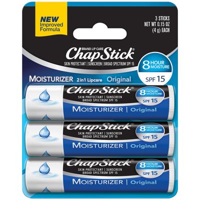 ChapStick Moisturizer 2-in-1 Lipcare SPF 15, Original, 3-Pack Sunscreen Lip Balm with Aloe Vera and Vitamin E, 0.15 Ea