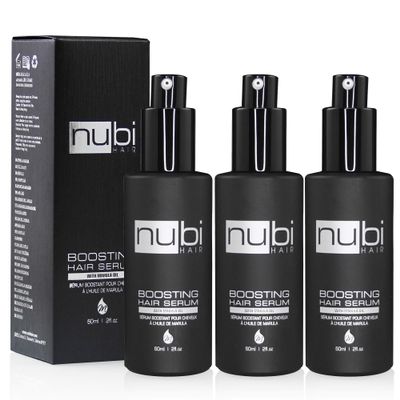 Nubi Hair Silky Smooth Hair Serum for All Hair Types, Contains Marula Oil, Aloe Vera and Vitamin E, Non-Greasy Formula, Boosts Shine and Promotes Hair Growth, 2 Fl. Oz. / 60 Ml. (3 Pack)