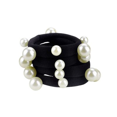 10 Pcs Women's Artificial Pearl Black Elastic Rubber Headbands - No Damage Seamless Hair Ropes with Ponytail Holders