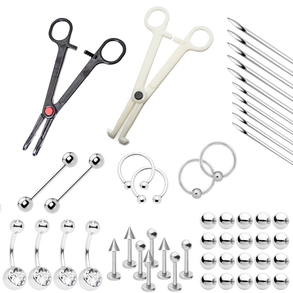 Complete Body Piercing Kit - 50-Piece Assorted Jewelry, Needles and Tools - Lip, Nipple, Belly, Eyebrow, Tongue, Ear