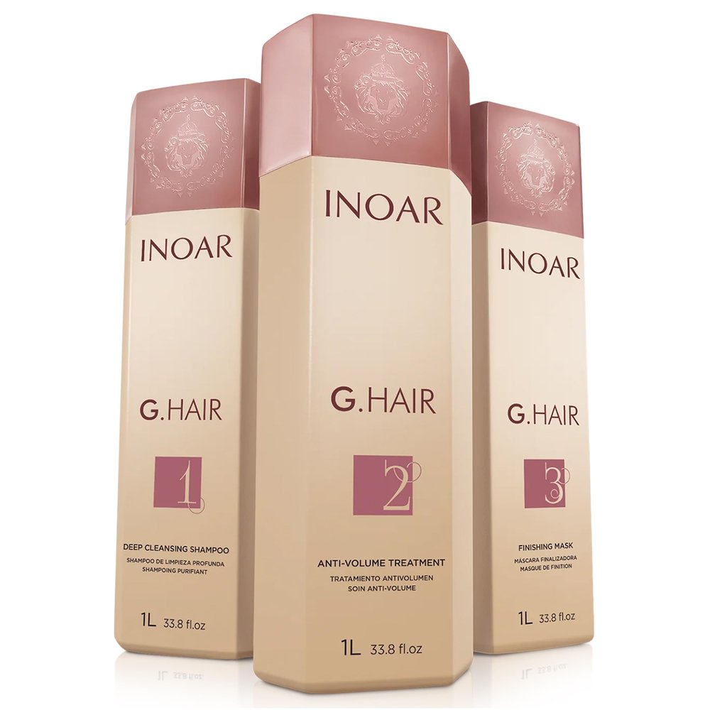 Inoar G.Hair Keratin Smoothing System Set, Deep Cleansing Shampoo, Smoothing Treatment & Finishing Mask with Keratin, Shea Butter & Coconut Oil, 33.8 fl oz Each
