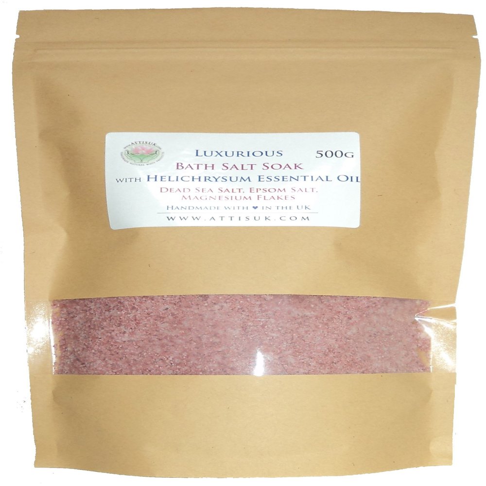 ATTIS Luxurious Bath Salt Soak with Helichrysum Essential Oil, Dead Sea Salt, Magnesium Flakes, Epsom Salt | Vegan | Hand made | Relaxing | Refreshing | Calming | Rejuvenating (17.63oz)