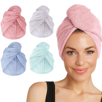 Turbie Twist 4-Pack Microfiber Hair Towel for Beauty, Travel, Gifting - Hair Wrap Turban for Straight, Wavy & Curly Hair - Premium Personal Care - Pink, Purple, Blue & Aqua