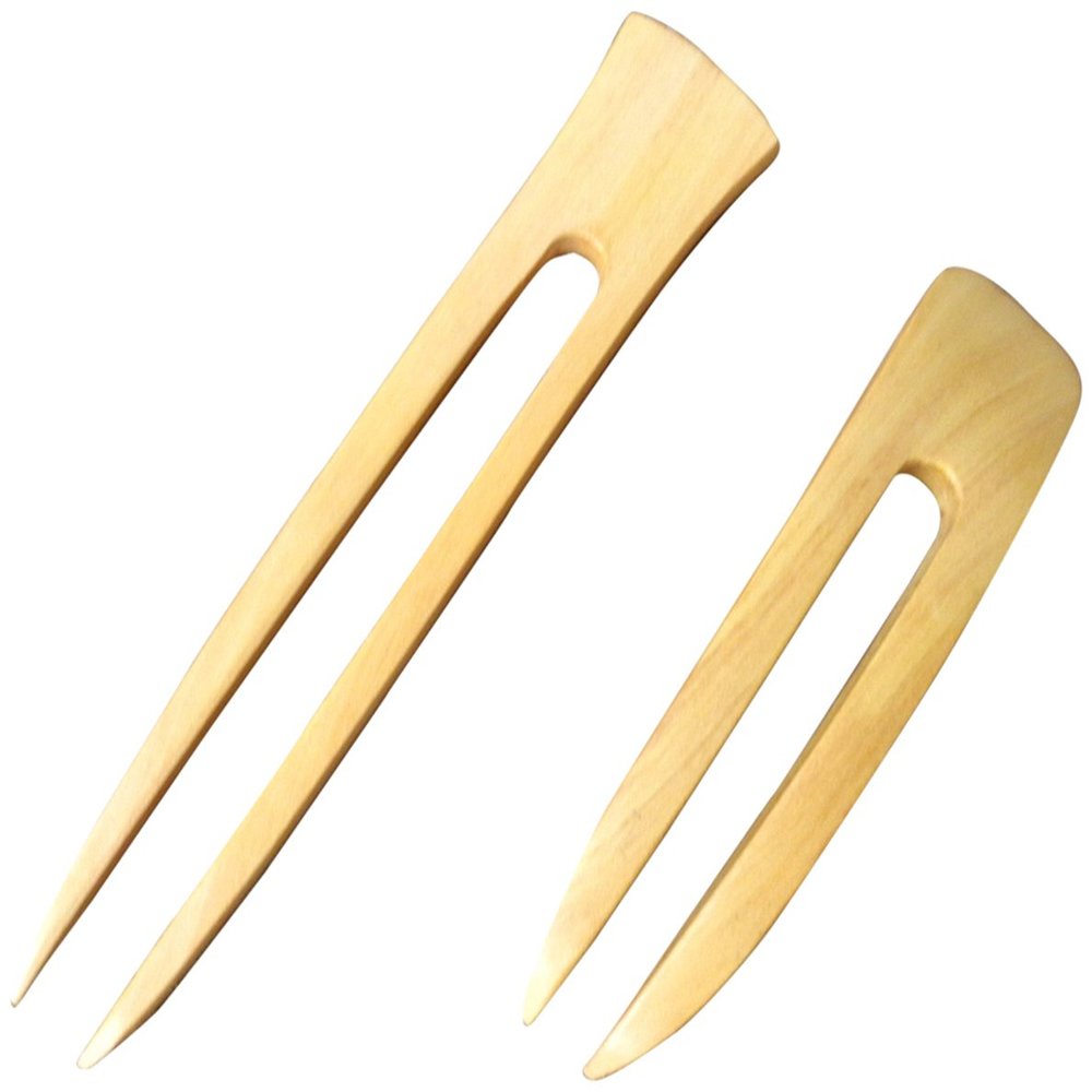 (1) Yellow Teak Wood Two Prong Curved 4.5 Inch & (1) Yellow Teak Two Prong Straight 6 Inch Hair Stick Pick Pic Pin Fork