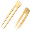 (1) Yellow Teak Wood Two Prong Curved 4.5 Inch & (1) Yellow Teak Two Prong Straight 6 Inch Hair Stick Pick Pic Pin Fork view 1