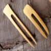 (1) Yellow Teak Wood Two Prong Curved 4.5 Inch & (1) Yellow Teak Two Prong Straight 6 Inch Hair Stick Pick Pic Pin Fork view 2