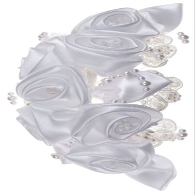 Charming Satin Rosette Bridal Comb Adorned with Wired Lace Appliques and Lustrous Floating Pearls for Wedding, Bridesmaid, Quinceaera or Other Special Events #88D8wh (WHITE)