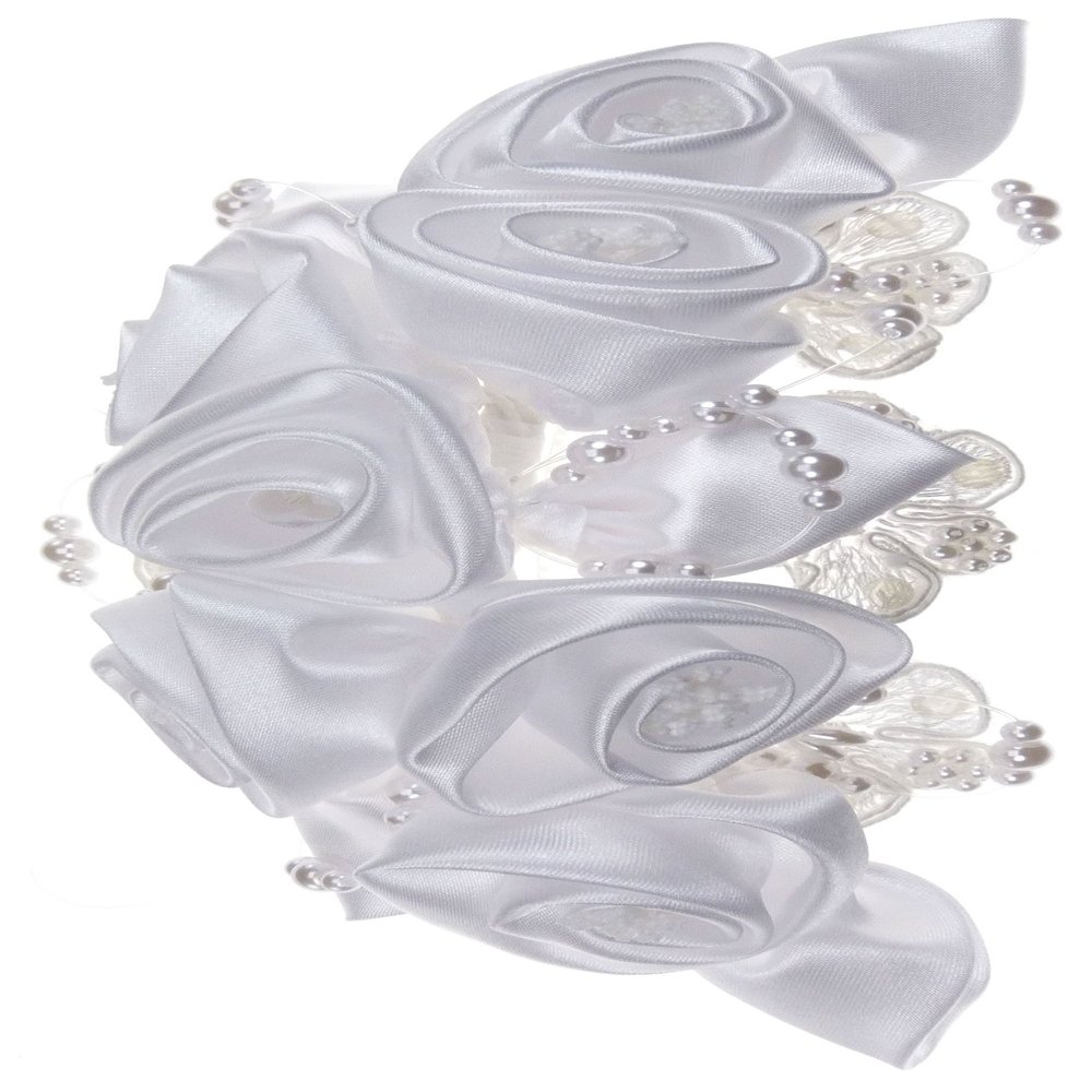 Charming Satin Rosette Bridal Comb Adorned with Wired Lace Appliques and Lustrous Floating Pearls for Wedding, Bridesmaid, Quinceaera or Other Special Events #88D8wh (WHITE)