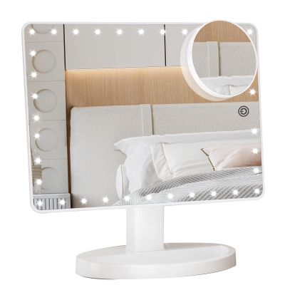 FUNTOUCH Large Lighted Makeup Mirror with Lights, Light Up Mirror with Small 10x Magnification for Desk, 360Rotation Touch Screen,Brightness Adjustable Tabletop Cosmetic Vanity Make Up Mirror