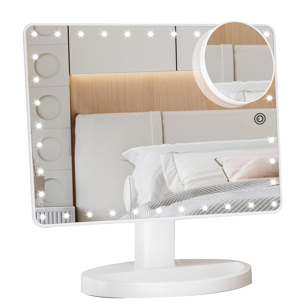 FUNTOUCH Large Lighted Makeup Mirror with Lights, Light Up Mirror with Small 10x Magnification for Desk, 360Rotation Touch Screen,Brightness Adjustable Tabletop Cosmetic Vanity Make Up Mirror