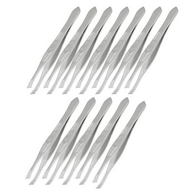 12 Pcs Cosmetic Tool Silver Tone Slanted Tip Hair Removal Eyebrow Tweezer by Unoopler