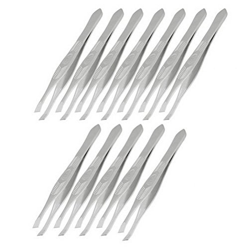 12 Pcs Cosmetic Tool Silver Tone Slanted Tip Hair Removal Eyebrow Tweezer by Unoopler