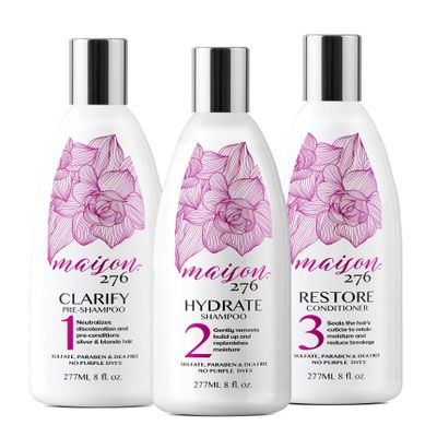Maison 276 Pre-Shampoo, Shampoo and Conditioner for Silver, Gray & Blonde Hair, 3-Step System Tone-Correcting Shampoo, NOT a Purple Shampoo, Neutralizes Brassiness, Sulfate-Free, 3x 8oz Bottles