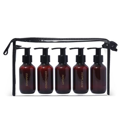 Bottiful Home - 3 oz Amber Travel Pump Plastic Bottles Set of 5 Refillable Toiletry Containers with Gold Printed Labels  TSA Approved
