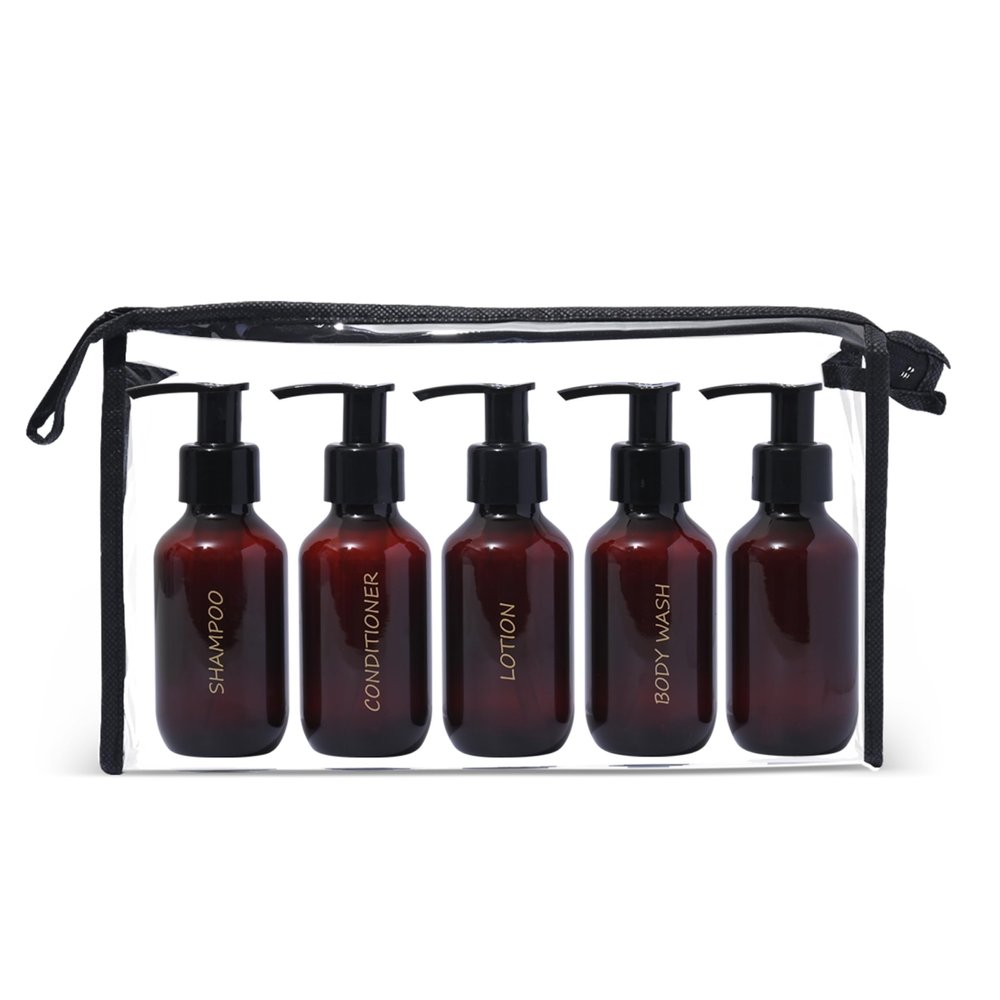Bottiful Home - 3 oz Amber Travel Pump Plastic Bottles Set of 5 Refillable Toiletry Containers with Gold Printed Labels  TSA Approved