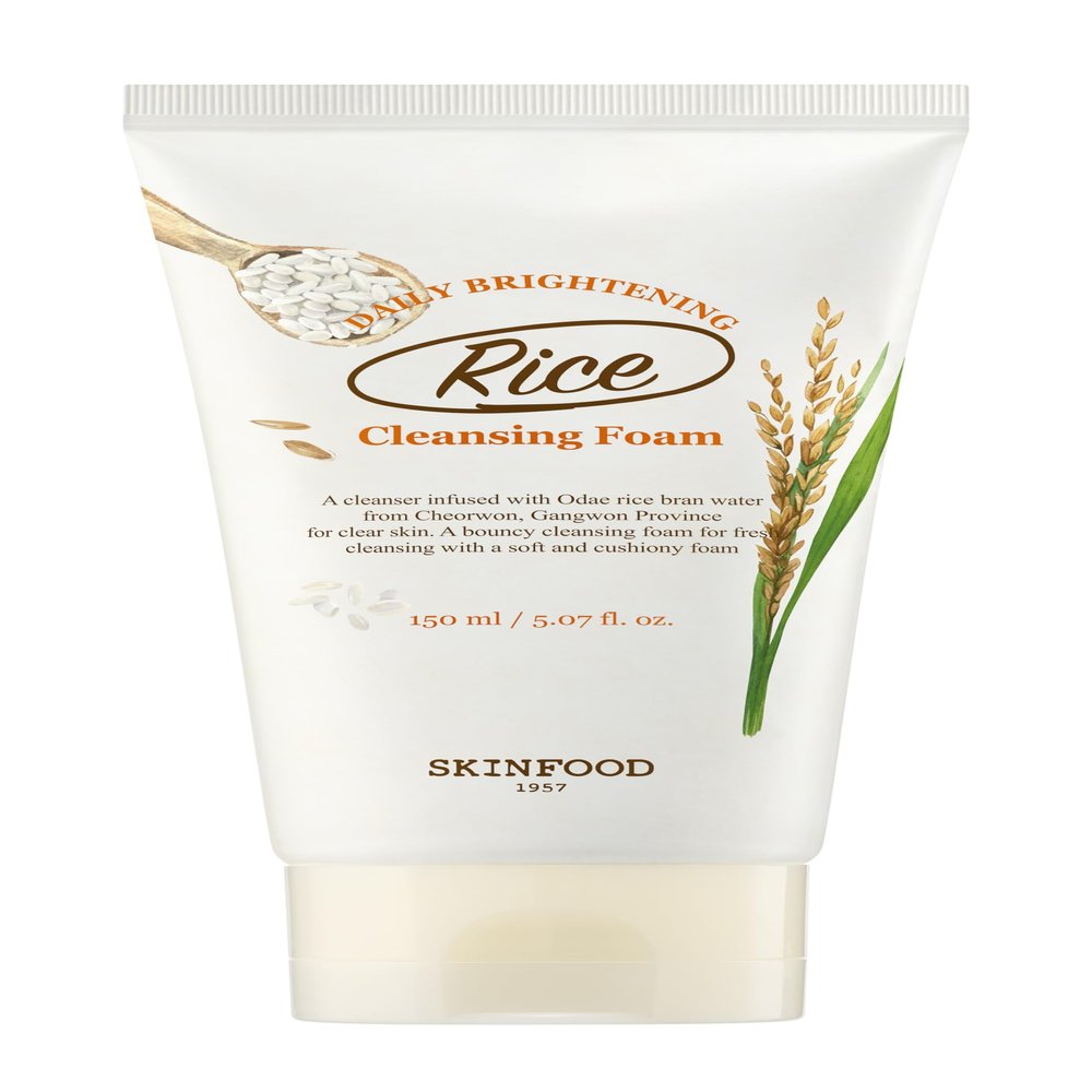 SKINFOOD Rice Daily Cleansing Foam 150ml - Delicate, Fine, and Smooth Brightening Cleansing with Fermented White Rice Ingredients - Firming Bubble Facial Foam Cleanser - For Men and Women (5.07 fl. oz.)