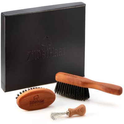 ZilberHaar Beard Brush Grooming Kit - Stiff Bristles Boar Bristles - Ideal for Medium to Long, Thick Beards - Distributes Balm & Oil for Growth/Styling - With Brush Cleaning Tool