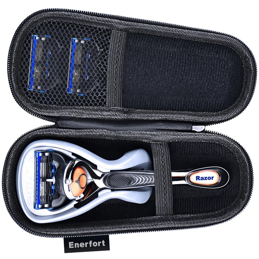 Enerfort Hard EVA Razor Travel Case Compatible with Gillette Men's Razor - Mesh Pocket for 2 Razor Blades + Lightweight Carrying Handle + Durable Zipper (Only Case) (Black)