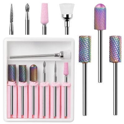 Makartt 7Pcs Nail Drill Bits, 3/32 Inch Dimond Sanding Bit Sets for Nail Drill E-File,Nail Drill Bit Sets Ceramic Acrylic Gel Bit Kit,Manicure Pedicure Remover Tools Salon Home DIY Use