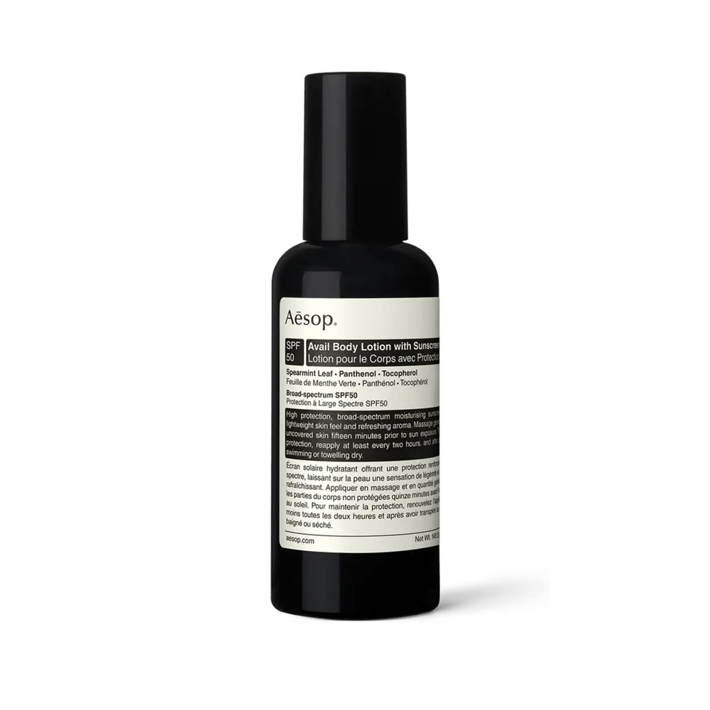 Aesop Avail Body Lotion with Sunscreen SPF50 | Lightweight Moisturizing Sunscreen with Spearmint Leaf and Vitamin E | Broad-Spectrum Hydration and Protection | 5.13 oz