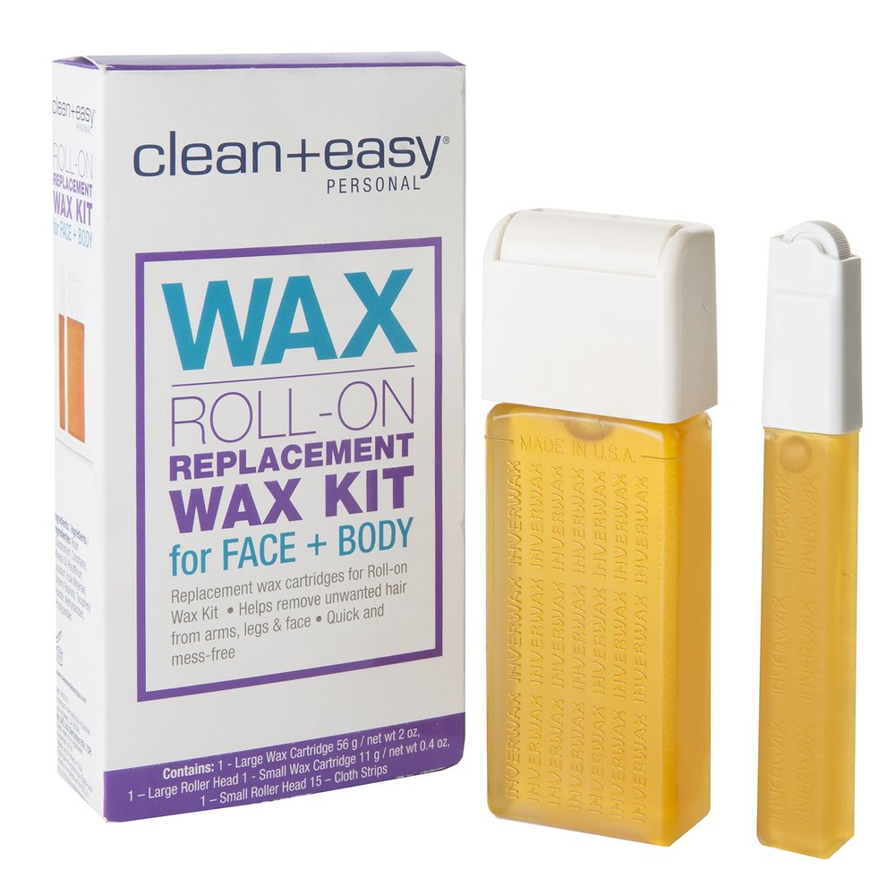 Clean + Easy Roll On Wax Kit Face & Body Hair Removal Cartridge Refills with Wax Roller Heads, At-Home Use