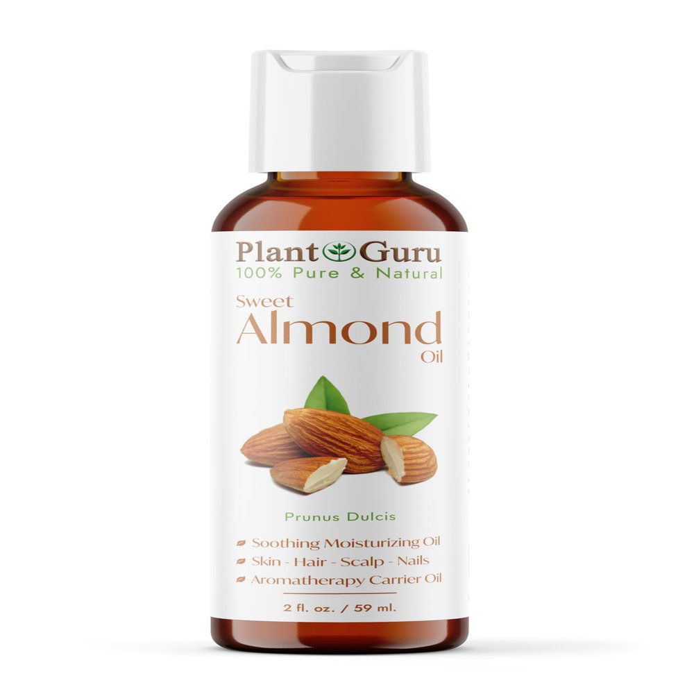 Plant Guru Sweet Almond Oil 2 fl. oz. Cold Pressed Carrier 100% Pure Natural For Skin, Body, Face, and Hair Growth Moisturizer. Great For Creams, Lotions, Lip balm and Soap Making