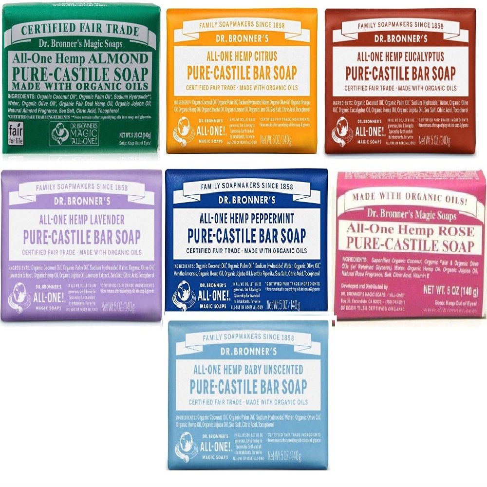 Dr. Bronner's Pure Castile Bar Soap, 7 Variety Pack, 5 oz (7 Pack)