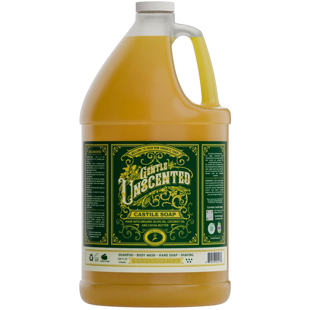 Unscented Liquid Castile Soap Vegan Organic Soap & Body Wash, High Olive Oil Content, Non-Drying Formula, Great for Sensitive Skin by Carolina Castile, EWG Verified (Unscented, 1 Gallon)