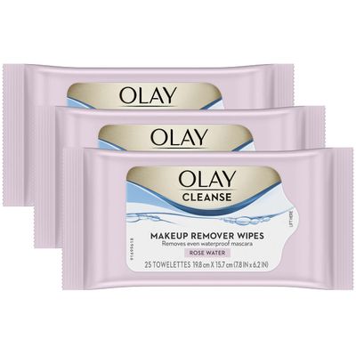 Olay Cleanse Makeup Remover Cleansing Face Wipes, Daily Facial Towelettes, Rose Water, 25 Count, 3 Pack