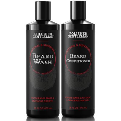 Polished Gentleman Beard Wash and Conditioner Set - Softens and Strengthens - Beard Shampoo with Growth Oil - Moisturizer & Beard Thickener - Tea Tree Unscented - Paraben-Free & Sulfate-Free (16oz)