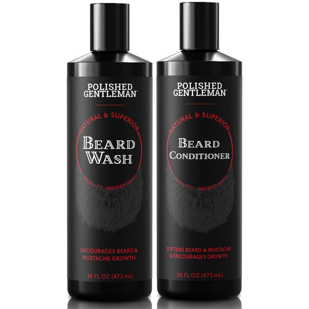 Polished Gentleman Beard Wash and Conditioner Set - Softens and Strengthens - Beard Shampoo with Growth Oil - Moisturizer & Beard Thickener - Tea Tree Unscented - Paraben-Free & Sulfate-Free (16oz)