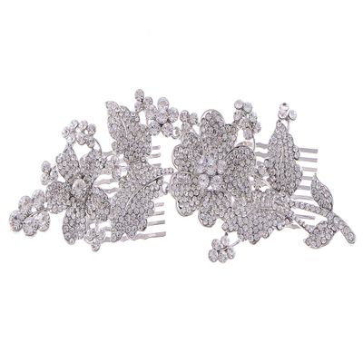 Alilang Silvery Tone Crystal Rhinestone Flower Leaf Bridal Long Hair Comb