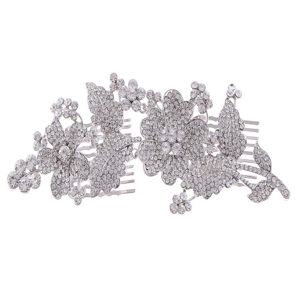 Alilang Silvery Tone Crystal Rhinestone Flower Leaf Bridal Long Hair Comb