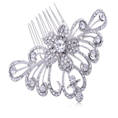 Alilang Silvery Tone Crystal Rhinestone Floral Filigree Bridal Hair Comb