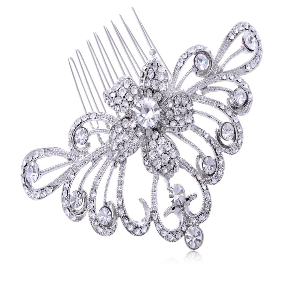 Alilang Silvery Tone Crystal Rhinestone Floral Filigree Bridal Hair Comb