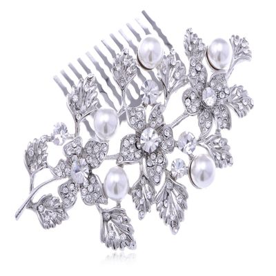 ALILANG Silvery Tone Rhinestone Flowers and Leaves Cluster Fashion Hair Comb