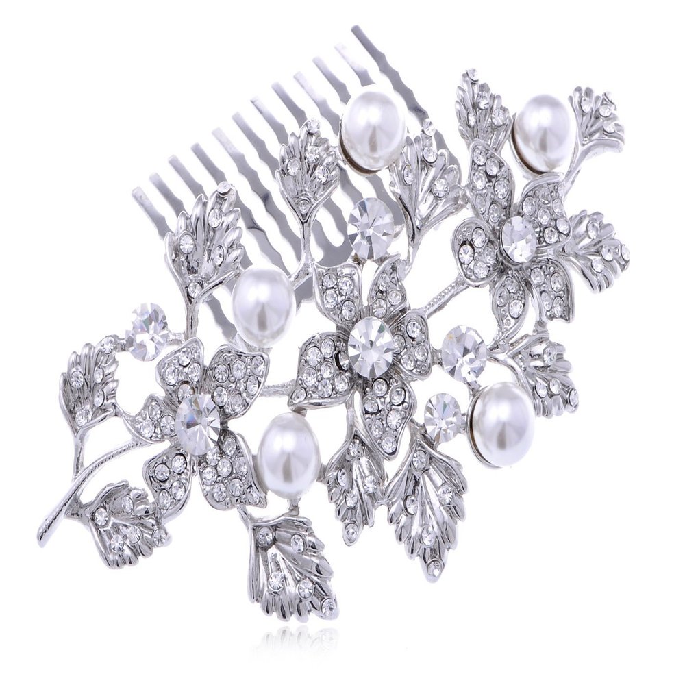 ALILANG Silvery Tone Rhinestone Flowers and Leaves Cluster Fashion Hair Comb