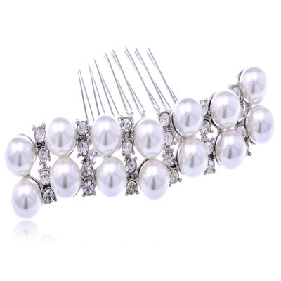 Alilang Silvery Tone Crystal Rhinestone Simulated Pearl Bar Bridal Hair Comb