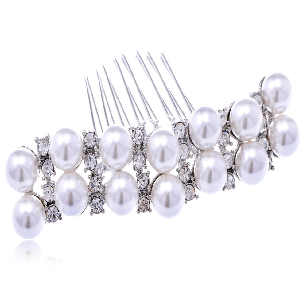 Alilang Silvery Tone Crystal Rhinestone Simulated Pearl Bar Bridal Hair Comb
