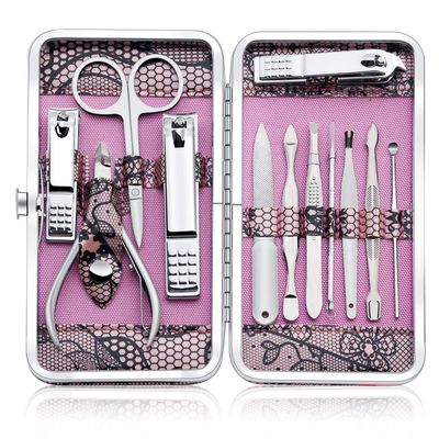 Manicure Set Professional Nail Clippers Kit Pedicure Care Tools- Stainless Steel Grooming Kit 12Pcs for Travel or Home (Pink)