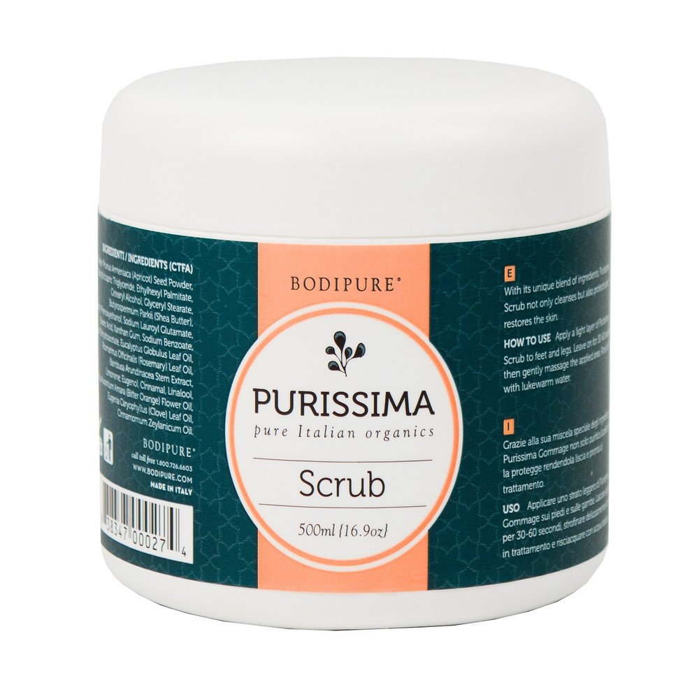 BODIPURE Organic Purissima Scrub - Rich in Organic Essential Oils, and Bamboo Extracts - Gently Exfoliating, and Soothing the Skin with Fruit Seeds, Made in Italy, 16.9 Ounce