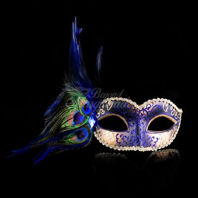 Classic Venetian Elegant Swan w/Peacock Feathers Design Laser Cut Masquerade Mask for Mardi Gras Events or Halloween - Blue