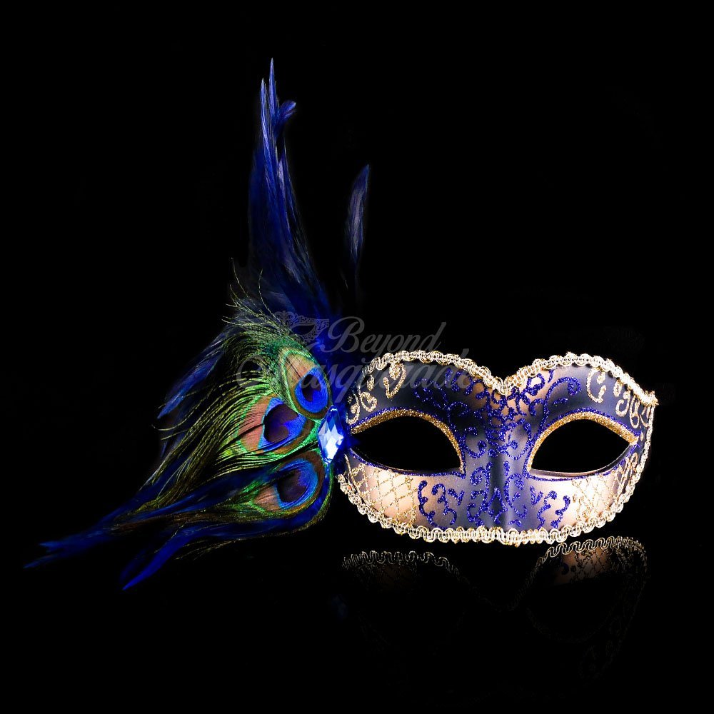 Classic Venetian Elegant Swan w/Peacock Feathers Design Laser Cut Masquerade Mask for Mardi Gras Events or Halloween - Blue